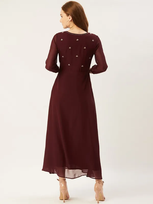 Brown_Georgette_Solid::Embroidered_dress