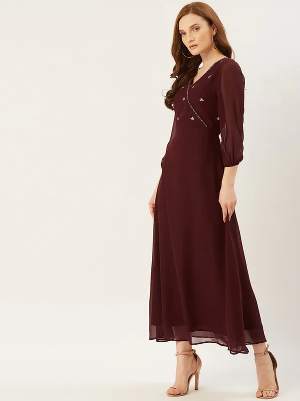 Brown_Georgette_Solid::Embroidered_dress