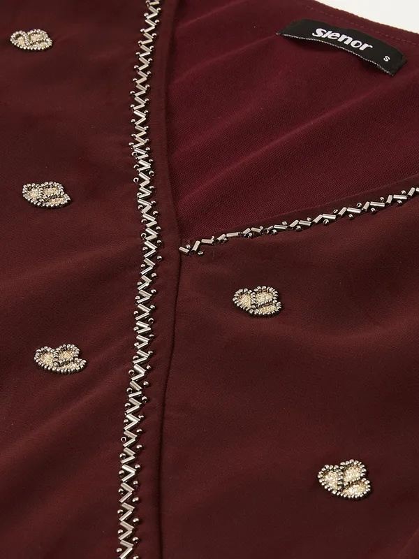 Brown_Georgette_Solid::Embroidered_dress