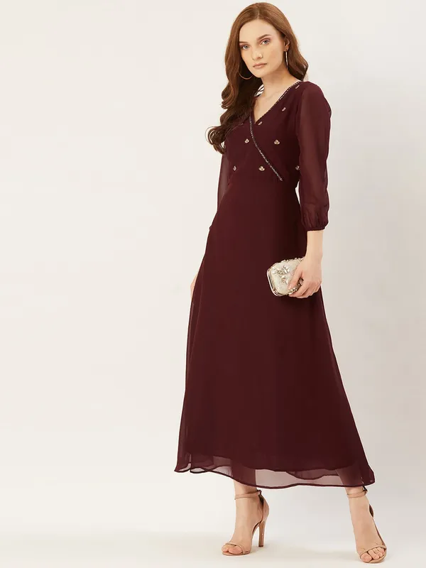 Brown_Georgette_Solid::Embroidered_dress