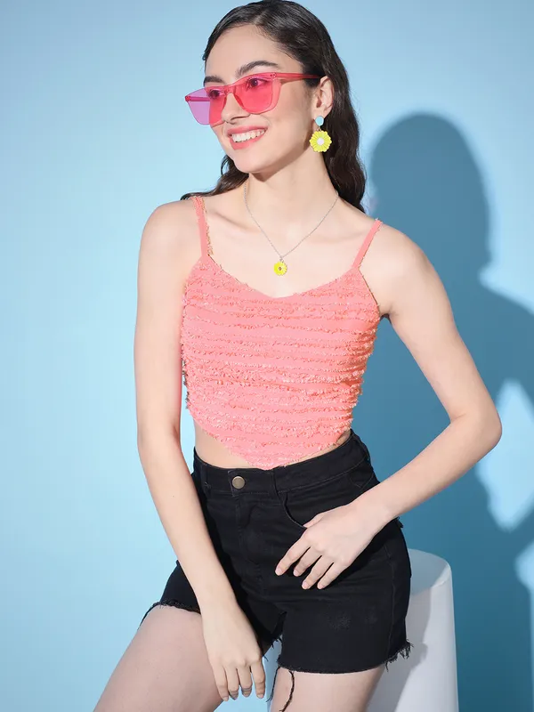 PINK_Georgette_Solid::Self_Design_top