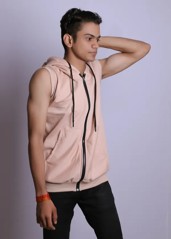 Unisex_Biege_Sleeveless_Hooded_Zipper