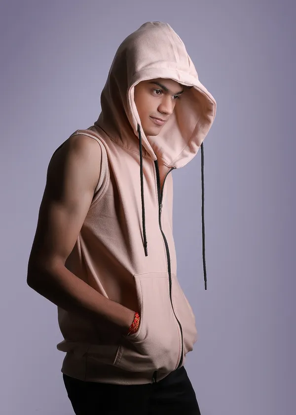 Unisex_Biege_Sleeveless_Hooded_Zipper