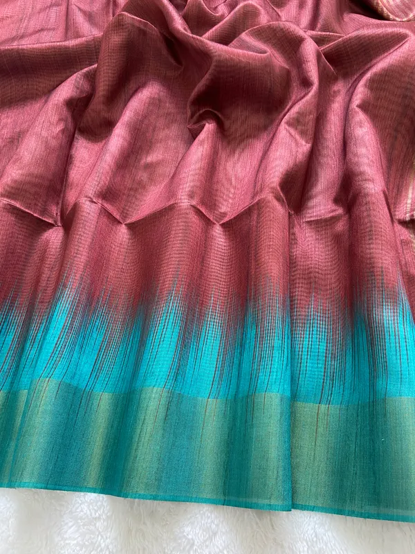 Binita_Sky_Blue_&_Coffee_Brown_–_Festive_Season_Special_|_Soft_Tussar_Silk_Saree_with_Print,_Pallu_&_Contrast_Print_Blouse_with_Tassels