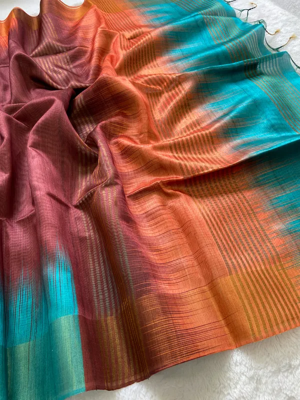 Binita_Sky_Blue_&_Coffee_Brown_–_Festive_Season_Special_|_Soft_Tussar_Silk_Saree_with_Print,_Pallu_&_Contrast_Print_Blouse_with_Tassels