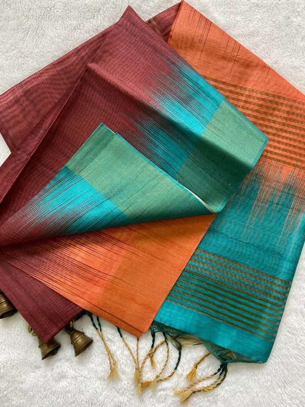 Binita_Sky_Blue_&_Coffee_Brown_–_Festive_Season_Special_|_Soft_Tussar_Silk_Saree_with_Print,_Pallu_&_Contrast_Print_Blouse_with_Tassels