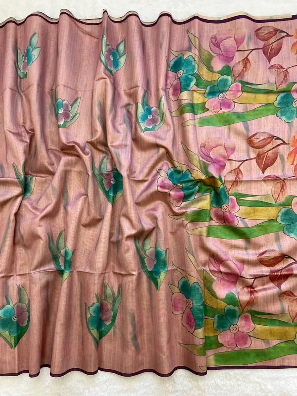 Madhuri_Wine_&_Peach_–_Sweet_Diwali_Special_|_Soft_Tussar_Silk_Saree_with_Print,_Pallu_&_Contrast_Print_Blouse_with_Tassels