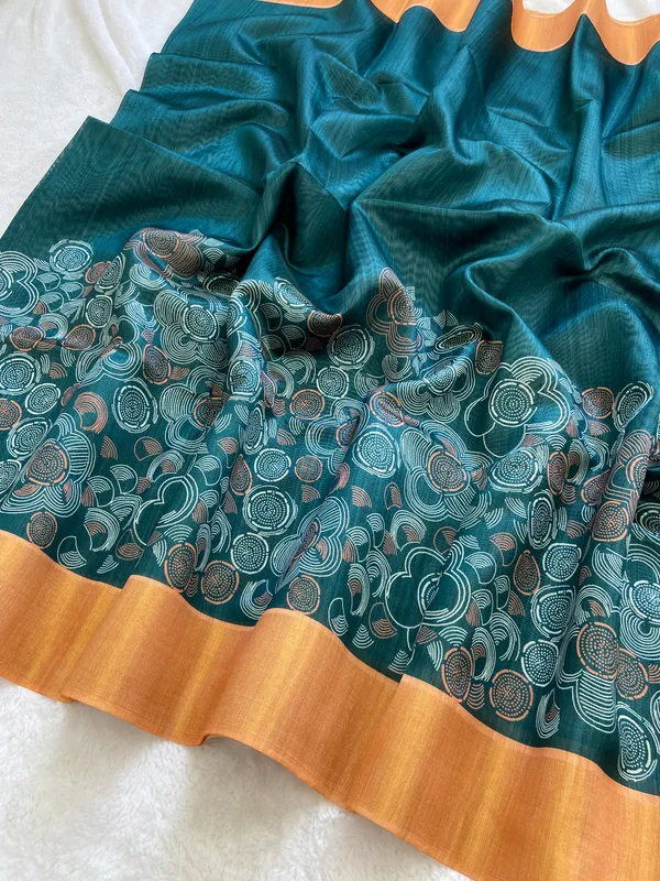 Soft_Tussar_Silk_sarees_with_Beautiful_Print_With_Attractive_Border_And_Contrast_Print_Blouse_With_Tassels