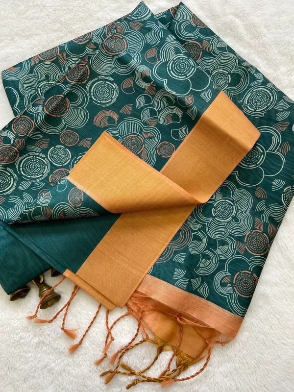 Soft_Tussar_Silk_sarees_with_Beautiful_Print_With_Attractive_Border_And_Contrast_Print_Blouse_With_Tassels