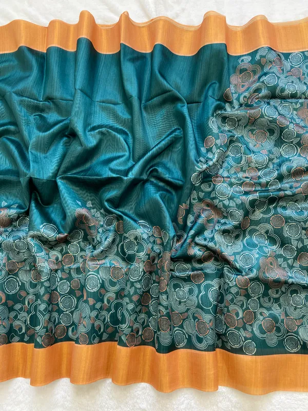Soft_Tussar_Silk_sarees_with_Beautiful_Print_With_Attractive_Border_And_Contrast_Print_Blouse_With_Tassels