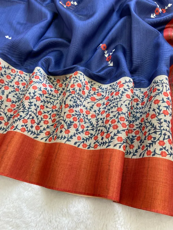 Jivika_Orange_&_Blue_–_Diwali_Special_|_Soft_Tussar_Silk_Saree_with_Print,_Border_&_Contrast_Print_Blouse_with_Tassels