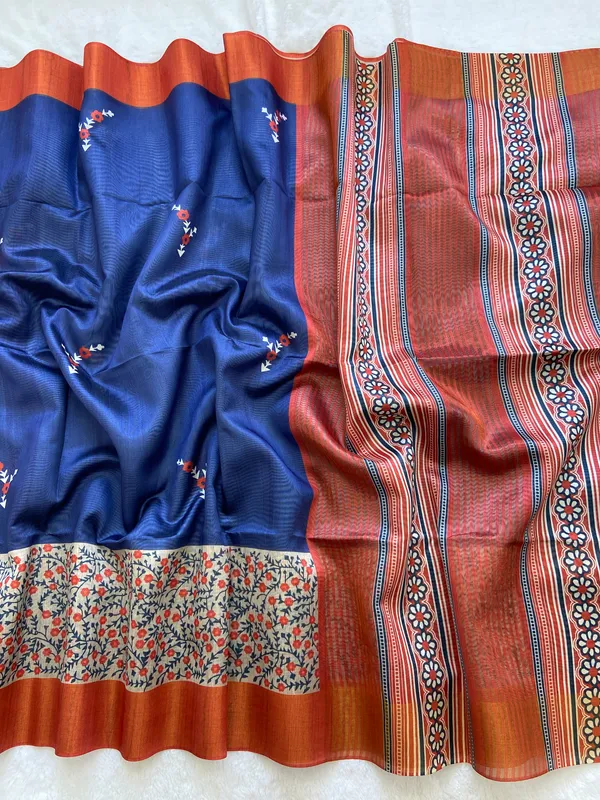 Jivika_Orange_&_Blue_–_Diwali_Special_|_Soft_Tussar_Silk_Saree_with_Print,_Border_&_Contrast_Print_Blouse_with_Tassels