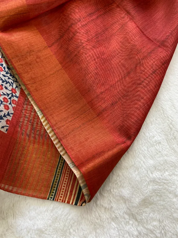 Jivika_Orange_&_Blue_–_Diwali_Special_|_Soft_Tussar_Silk_Saree_with_Print,_Border_&_Contrast_Print_Blouse_with_Tassels