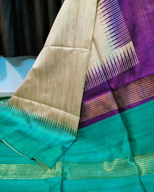 Soft_Tussar_Silk_sarees_(Rama)_with_Beautiful_Print_With_Attractive_Border_And_Contrast_Print_Blouse_With_Tassels_in_new_styles