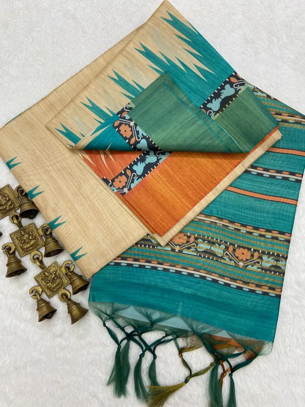 Lekha_Rama_Green_–_Navratri_Special_|_Soft_Tussar_Silk_Saree_with_Print,_Border_&_Contrast_Print_Blouse_with_Tassels