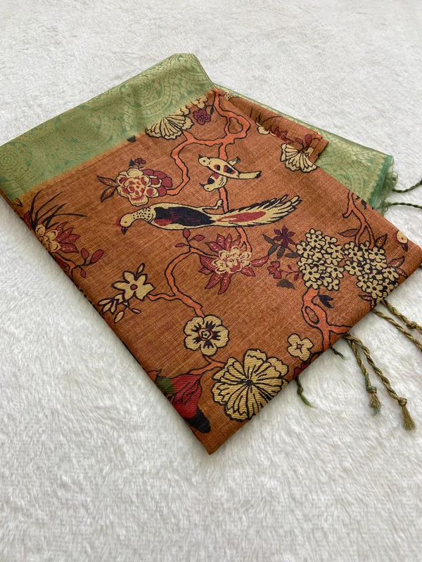 Suhana_Orange_–_Pleasant_Diwali_Special_|_Soft_Tussar_Silk_Weaving_Saree_with_Print,_Weaving_Border_&_Rich_Zari_Weaving_Pallu_&_Contrast_Print_Blouse