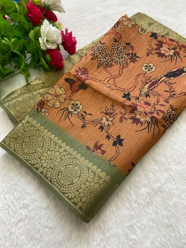 Suhana_Orange_–_Pleasant_Diwali_Special_|_Soft_Tussar_Silk_Weaving_Saree_with_Print,_Weaving_Border_&_Rich_Zari_Weaving_Pallu_&_Contrast_Print_Blouse