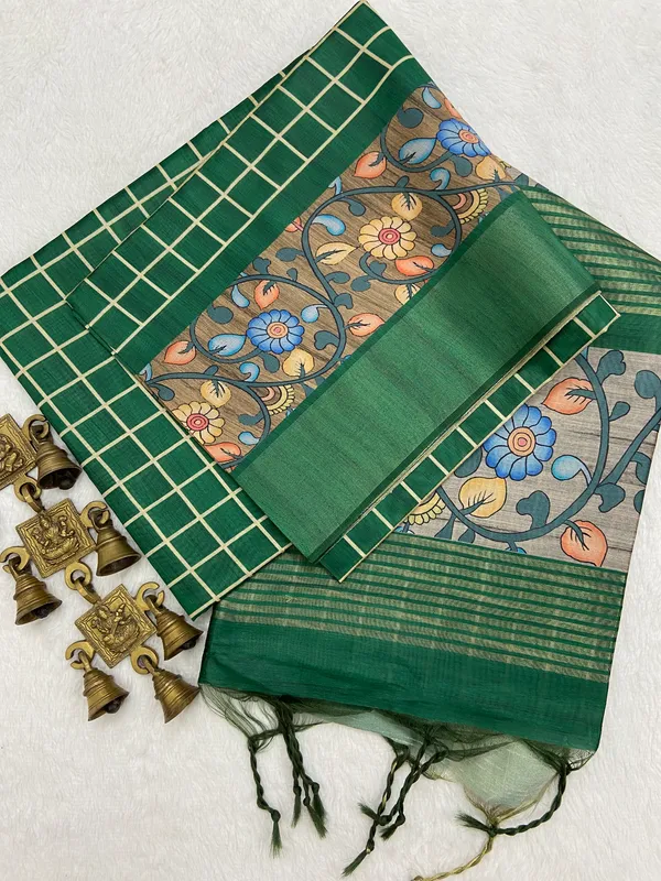 Nisha_Green_–_Night_Glow_Navratri_Special_|_Soft_Tussar_Silk_Saree_with_Print,_Border_&_Contrast_Print_Blouse_with_Tassels