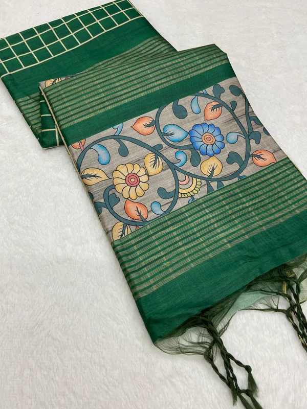 Nisha_Green_–_Night_Glow_Navratri_Special_|_Soft_Tussar_Silk_Saree_with_Print,_Border_&_Contrast_Print_Blouse_with_Tassels