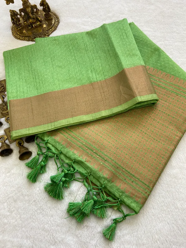 Veda_Green_–_Sacred_Wedding_Special_|_Soft_Banarasi_Silk_Saree_with_Pallu_Sequence_Work,_Gold_Border_&_Running_Blouse_with_Tassels