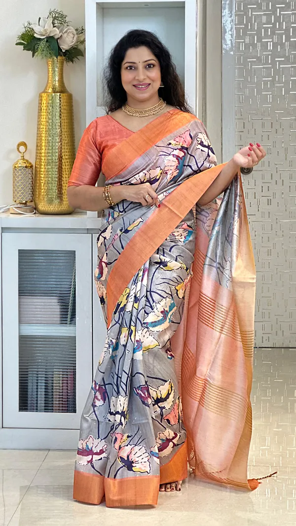 Soft_Tussar_Silk_sarees_with_Beautiful_Print_With_Attractive_Zari_Line_Saree_And_Print_Blouse_With_Tassels