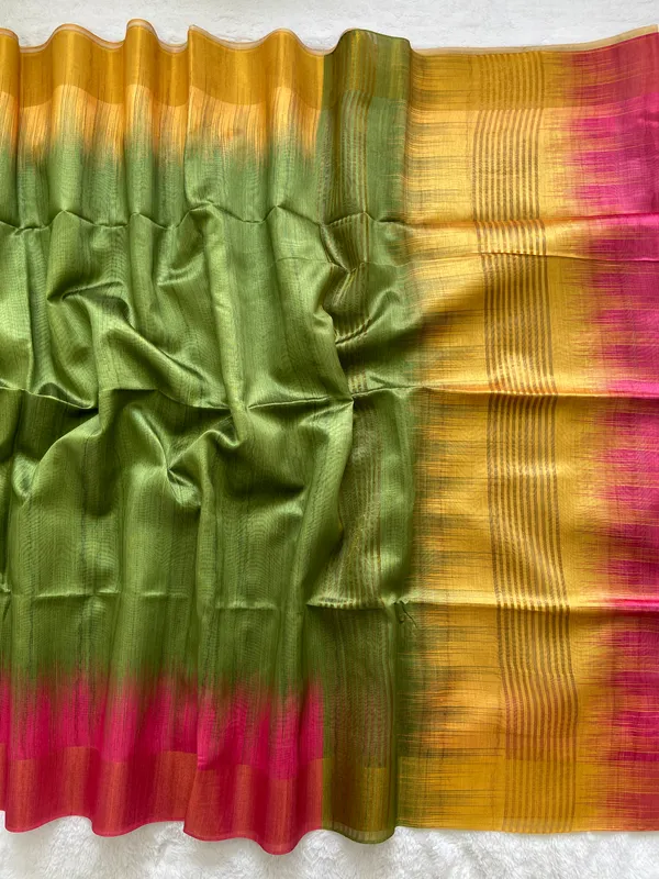 Binita_Pink_&_Green_–_Festive_Season_Special_|_Soft_Tussar_Silk_Saree_with_Print,_Pallu_&_Contrast_Print_Blouse_with_Tassels