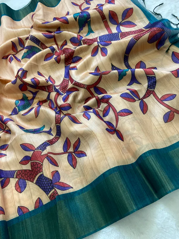 Fariha_Rama_Green_–_Joyful_Navratri_Special_|_Soft_Tussar_Silk_Saree_with_Print,_Zari_Line_Saree_&_Print_Blouse_with_Tassels