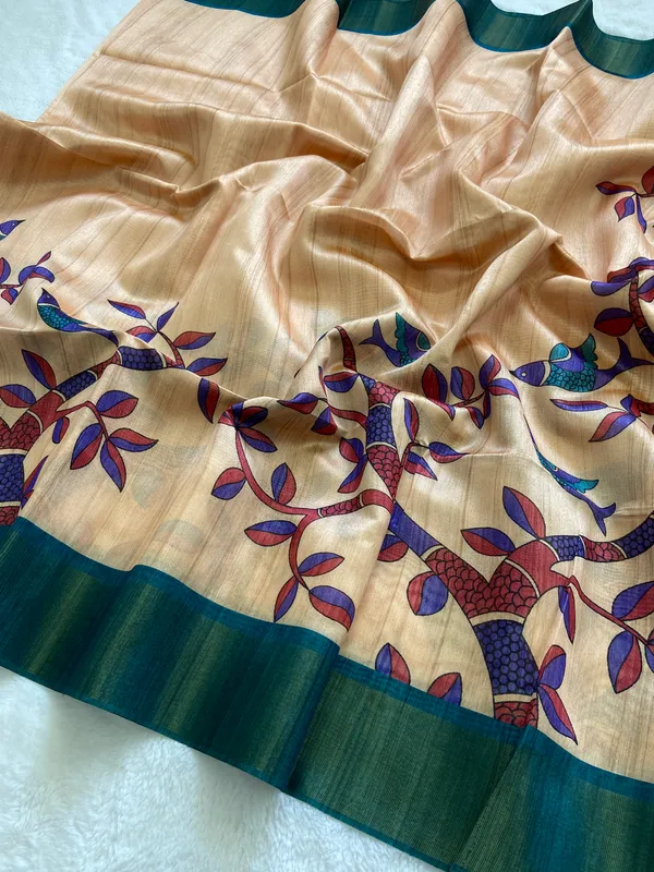 Fariha_Rama_Green_–_Joyful_Navratri_Special_|_Soft_Tussar_Silk_Saree_with_Print,_Zari_Line_Saree_&_Print_Blouse_with_Tassels