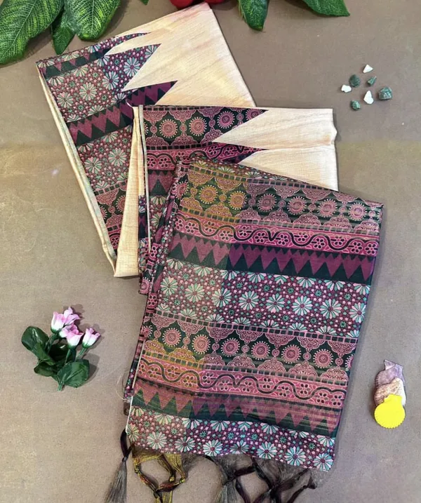 Amrita_Pink_–_Nectar_Navratri_Special_|_Soft_Tussar_Silk_Saree_with_Print,_Pallu_&_Contrast_Print_Blouse_with_Tassels