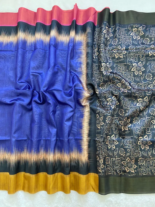 Mihika_Blue_–_Dew_Fresh_Navratri_Special_|_Soft_Tussar_Silk_Saree_with_Print,_Pallu_&_Contrast_Print_Blouse_with_Tassels