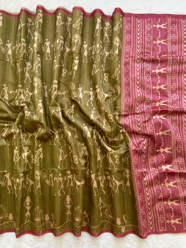 Ojasvi_Pink_–_Radiant_Navratri_Special_|_Soft_Tussar_Silk_Saree_with_Print,_Pallu_&_Contrast_Print_Blouse_with_Tassels