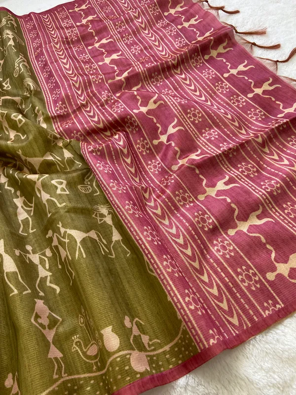 Ojasvi_Pink_–_Radiant_Navratri_Special_|_Soft_Tussar_Silk_Saree_with_Print,_Pallu_&_Contrast_Print_Blouse_with_Tassels