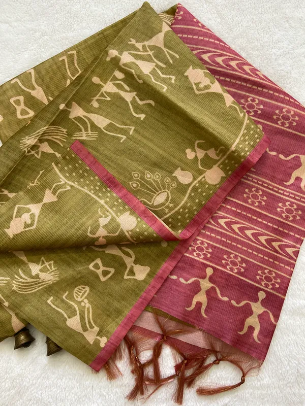 Ojasvi_Pink_–_Radiant_Navratri_Special_|_Soft_Tussar_Silk_Saree_with_Print,_Pallu_&_Contrast_Print_Blouse_with_Tassels