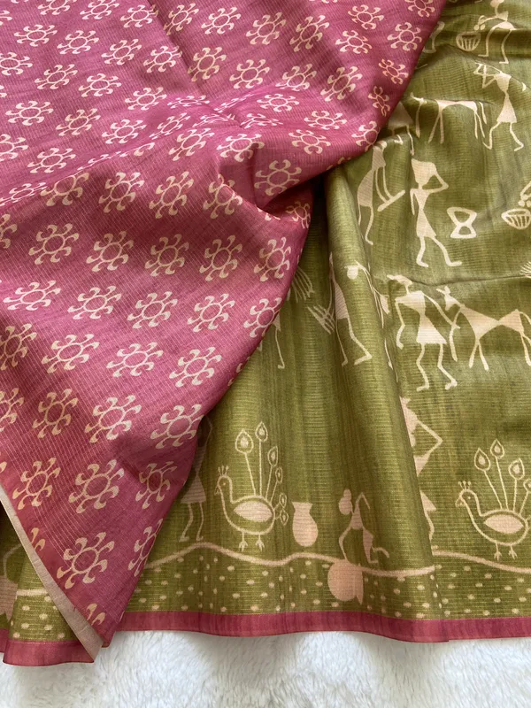 Ojasvi_Pink_–_Radiant_Navratri_Special_|_Soft_Tussar_Silk_Saree_with_Print,_Pallu_&_Contrast_Print_Blouse_with_Tassels