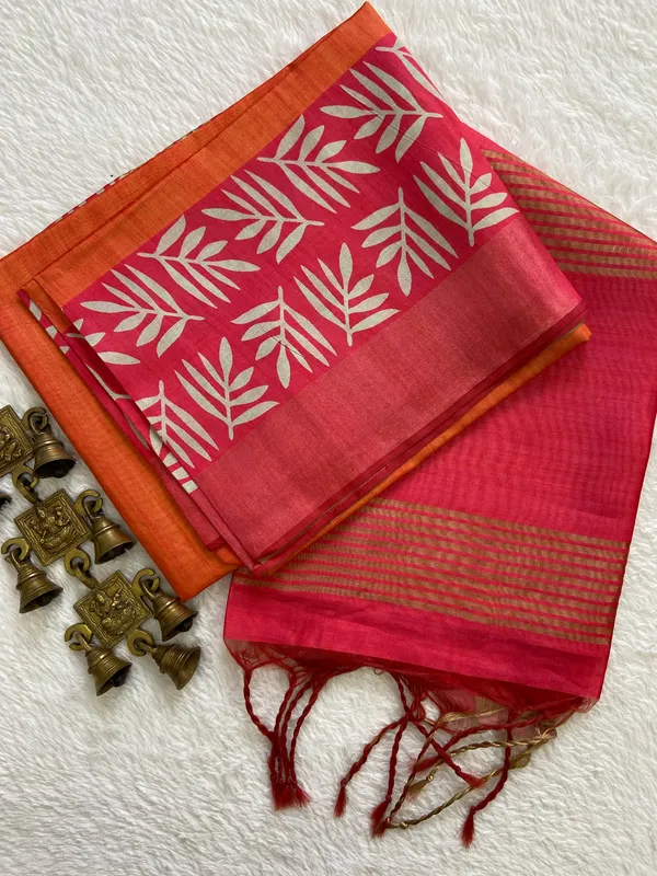 Soft_Tussar_Silk_sarees_(Pink-Orange)_with_Beautiful_Print_With_Attractive_Border_And_Contrast_Print_Blouse_With_Tassels_in_new_styles