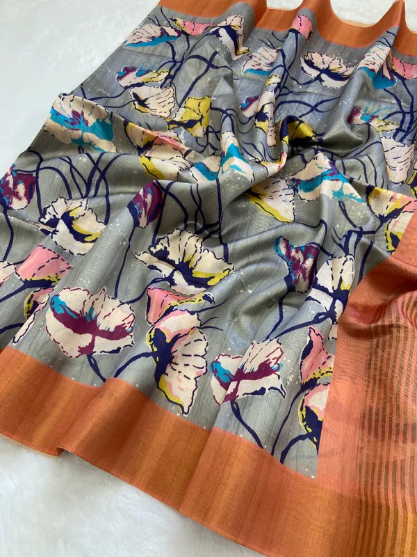 Soft_Tussar_Silk_sarees_with_Beautiful_Print_With_Attractive_Zari_Line_Saree_And_Print_Blouse_With_Tassels