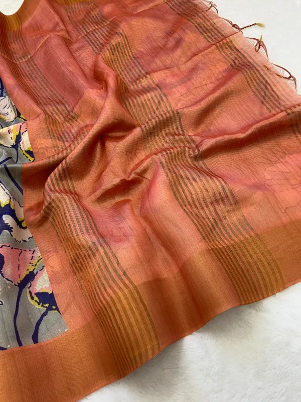 Soft_Tussar_Silk_sarees_with_Beautiful_Print_With_Attractive_Zari_Line_Saree_And_Print_Blouse_With_Tassels