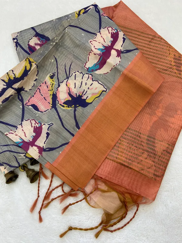 Soft_Tussar_Silk_sarees_with_Beautiful_Print_With_Attractive_Zari_Line_Saree_And_Print_Blouse_With_Tassels