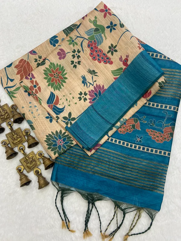 Prisha_2_Blue_–_Beloved_Navratri_Special_|_Soft_Tussar_Silk_Saree_with_Print,_Border_&_Contrast_Print_Blouse_with_Tassels
