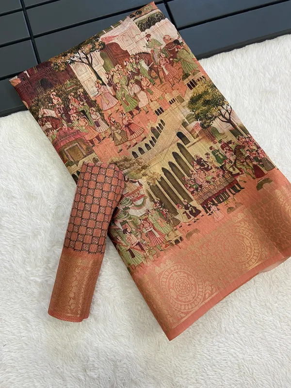 Orange_Soft_Tussar_Silk_Weaving_Saree_With_Beautiful_Print_With_Attractive_Weaving_Border_And_Rich_Zari_Weaving_Pallu