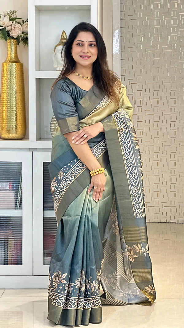 Soft_Tussar_Silk_sarees_with_Beautiful_Print_With_Attractive_Border_And_Contrast_Print_Blouse_With_Tassels_(Lunar_green)