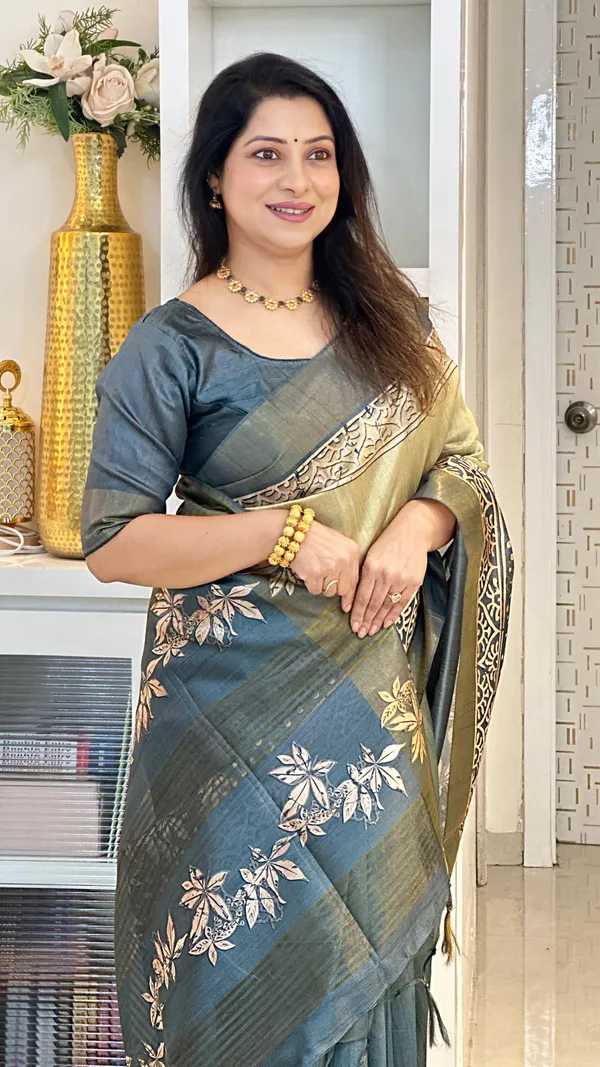 Soft_Tussar_Silk_sarees_with_Beautiful_Print_With_Attractive_Border_And_Contrast_Print_Blouse_With_Tassels_(Lunar_green)