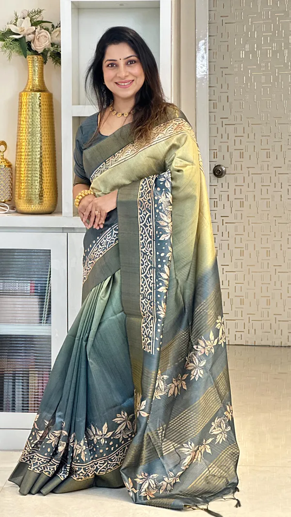 Soft_Tussar_Silk_sarees_with_Beautiful_Print_With_Attractive_Border_And_Contrast_Print_Blouse_With_Tassels_(Lunar_green)