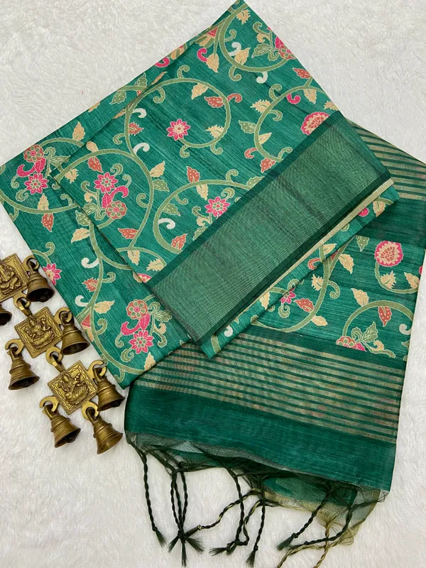 Januja_Green_–_Navratri_Special_|_Soft_Tussar_Silk_Saree_with_Print,_Border_&_Contrast_Print_Blouse_with_Tassels