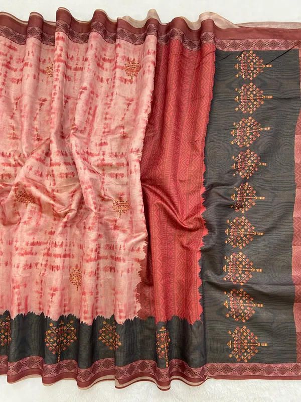 Tejal_Red_–_Radiant_Diwali_Special_|_Soft_Tussar_Silk_Saree_with_Print,_Pallu_&_Contrast_Print_Blouse_with_Tassels