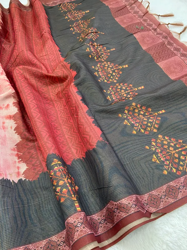 Tejal_Red_–_Radiant_Diwali_Special_|_Soft_Tussar_Silk_Saree_with_Print,_Pallu_&_Contrast_Print_Blouse_with_Tassels