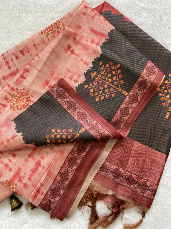 Tejal_Red_–_Radiant_Diwali_Special_|_Soft_Tussar_Silk_Saree_with_Print,_Pallu_&_Contrast_Print_Blouse_with_Tassels