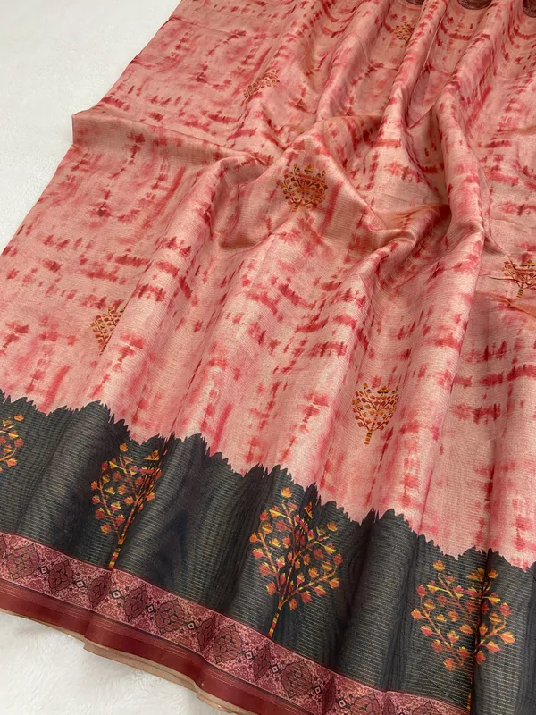 Tejal_Red_–_Radiant_Diwali_Special_|_Soft_Tussar_Silk_Saree_with_Print,_Pallu_&_Contrast_Print_Blouse_with_Tassels