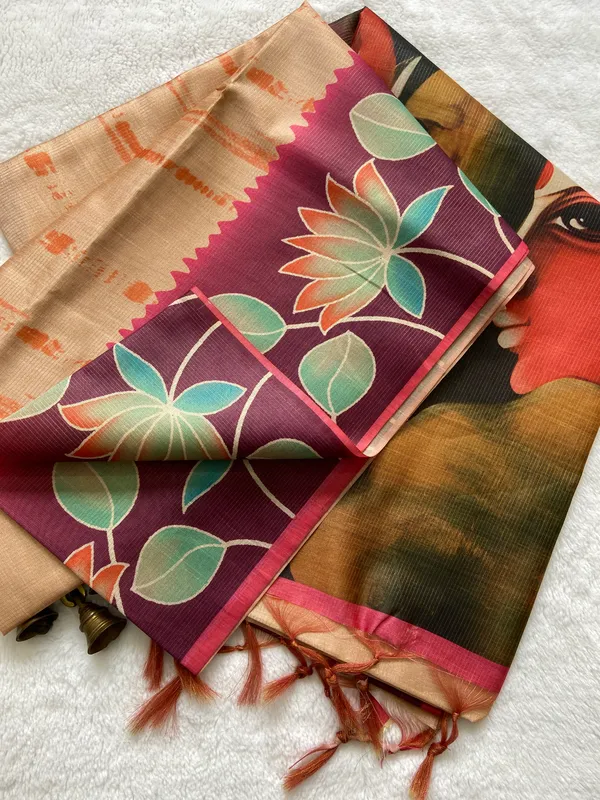 Nehal_Pink_–_Navratri_Special_|_Soft_Tussar_Silk_Saree_with_Print,_Border_&_Contrast_Print_Blouse_with_Tassels