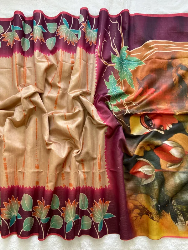 Nehal_Pink_–_Navratri_Special_|_Soft_Tussar_Silk_Saree_with_Print,_Border_&_Contrast_Print_Blouse_with_Tassels